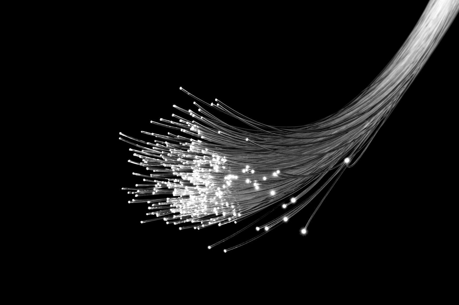 The end of a fibre optic cable, in black and white, with the ends of cable very bright