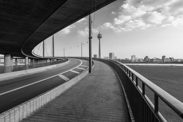 Dusseldorf, Germany viewed from a bridge ramp on the Rhine