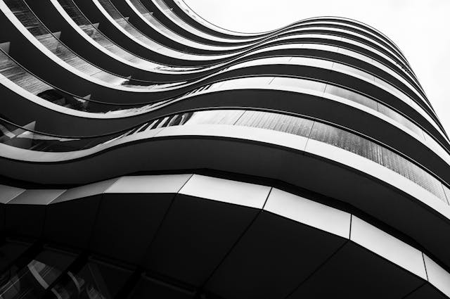 Curved exterior of modern building in Battersea