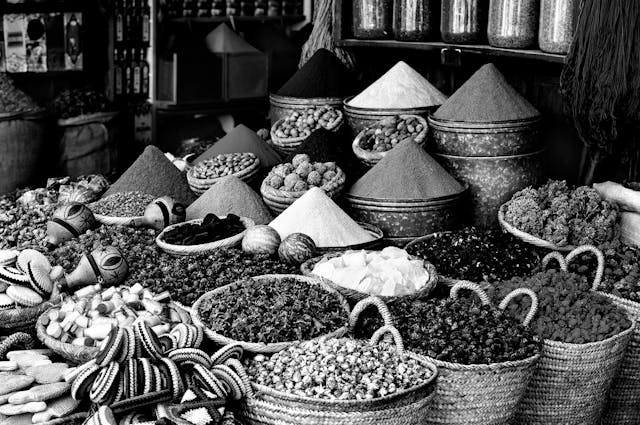 Spices and dyes on display in a market 