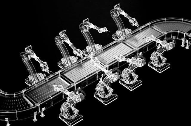 Digital generated image of production line with robotic arms.