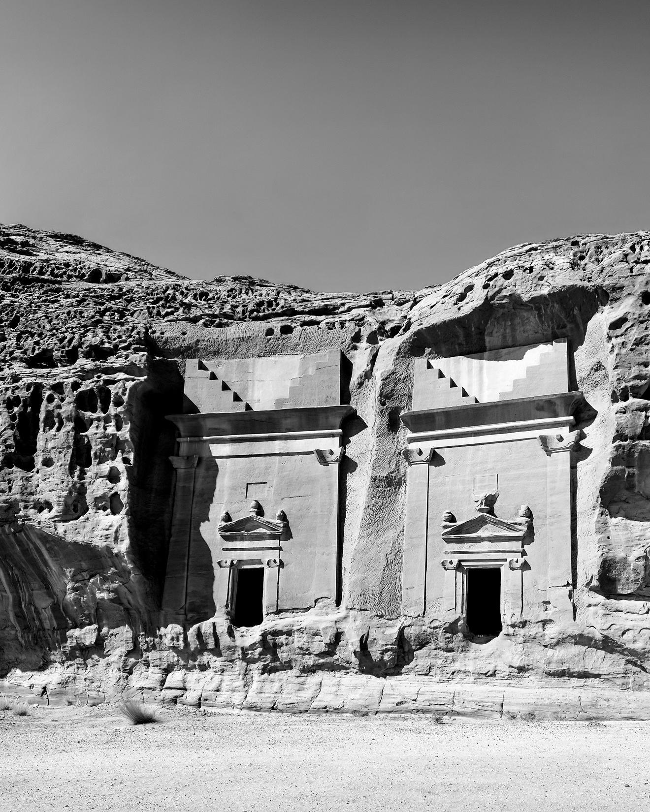 Two stone doorways carved from a natural rock in Saudi Arabia